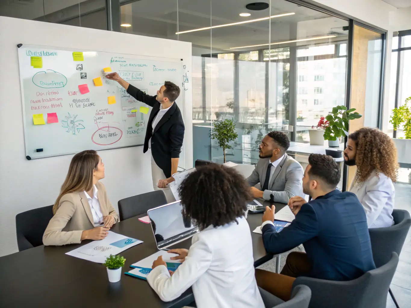 A diverse team of consultants brainstorming ideas in a modern conference room, using whiteboards and digital tools to collaborate on innovative solutions.