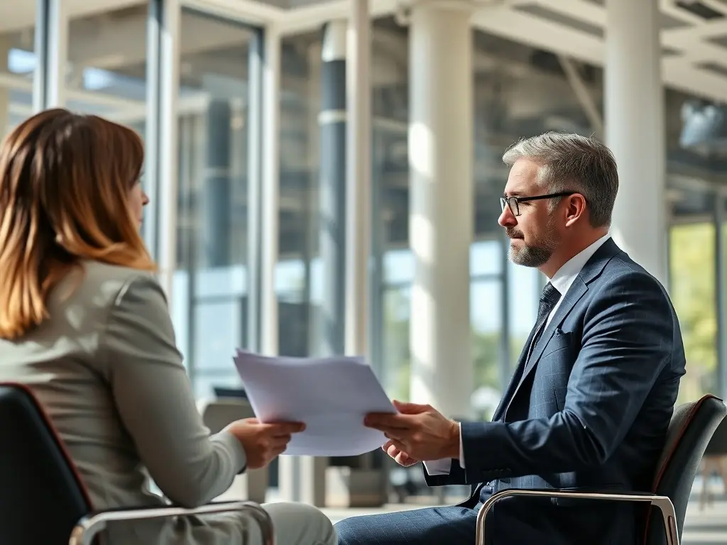 A consultant in a modern office setting, reviewing financial documents with a client, both smiling and engaged in a positive discussion about business growth strategies.