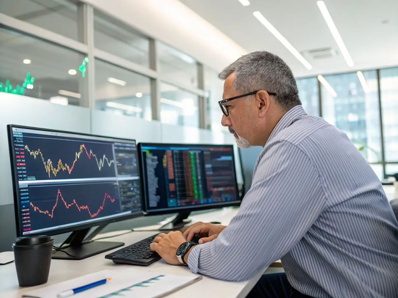 A financial analyst working on a complex spreadsheet, highlighting key financial metrics and trends, with charts and graphs displayed on multiple monitors.